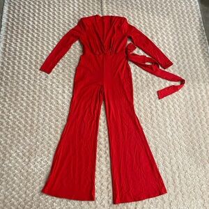 Women Small Red Long-sleeve, B-neck, Wide-leg Flare belted Jumpsuit